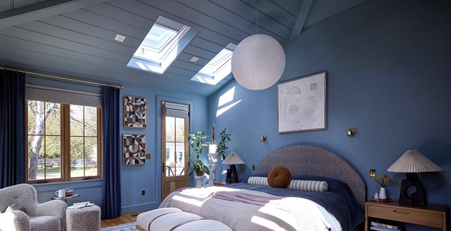 VELUX Solar Powered Fresh Air Skylight Systems — solar-charged, remote-controlled, with pre-installed shade and rain sensor