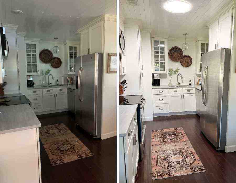Two images that show the difference before and after a Sun Tunnel installation in a small kitchen with no windows.