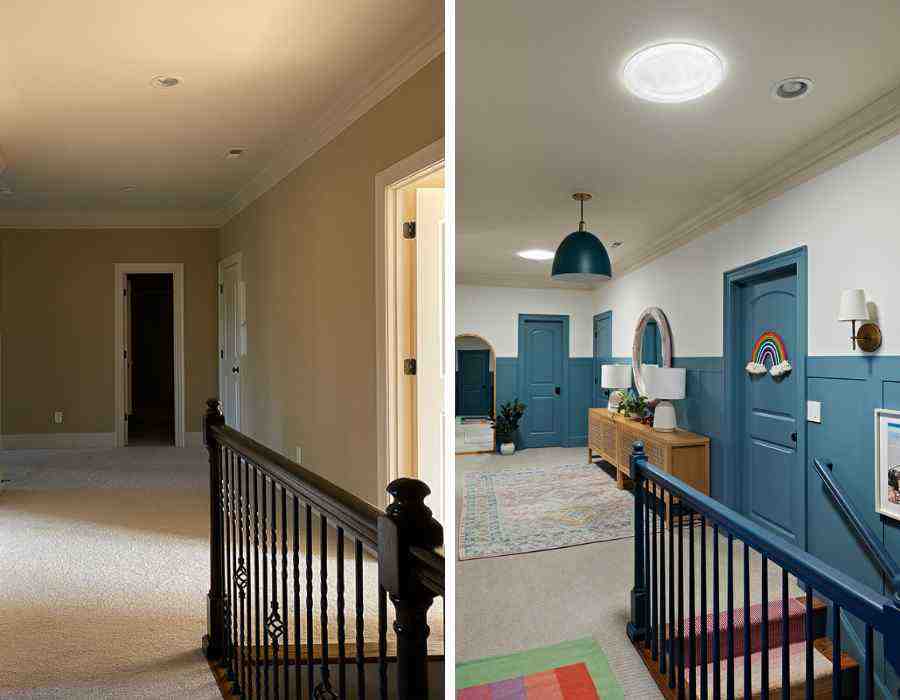 Two images that show the difference before and after 2 Sun Tunnel skylights were installed in a hallway at the top of an interior stairwell.