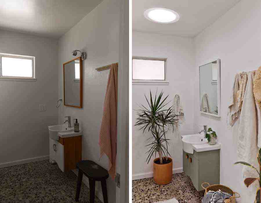 Two images that show the difference before and after a Sun Tunnel installation in a bathroom with one small window.