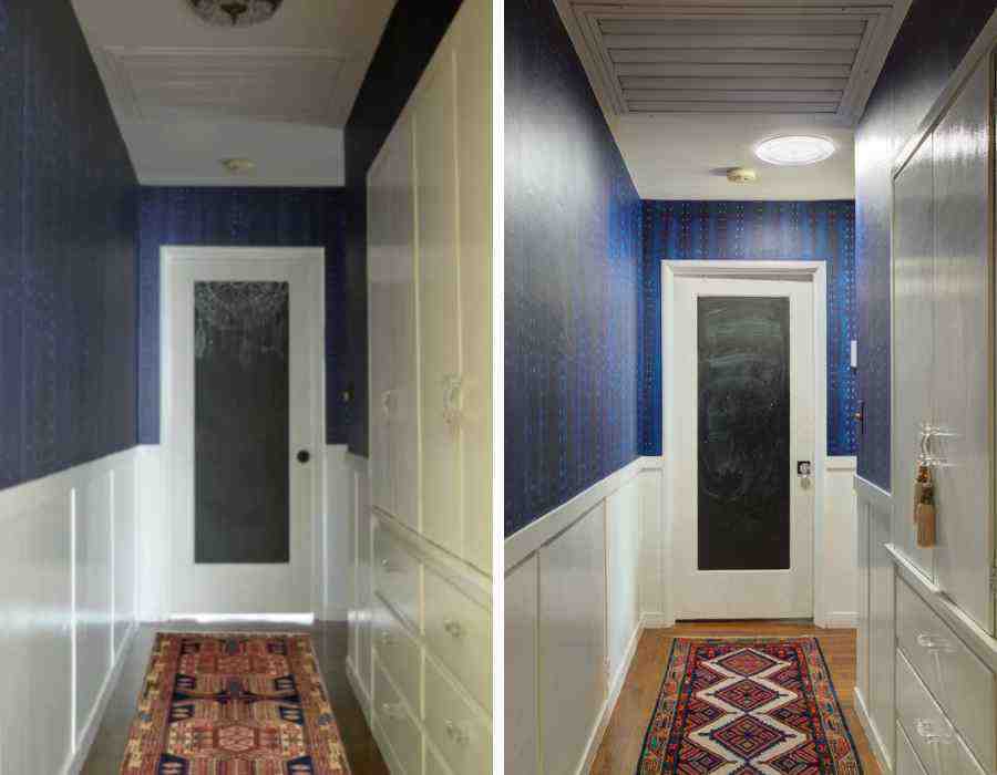 Two images that show the difference before and after a Sun Tunnel installation in an interior hallway with no windows.