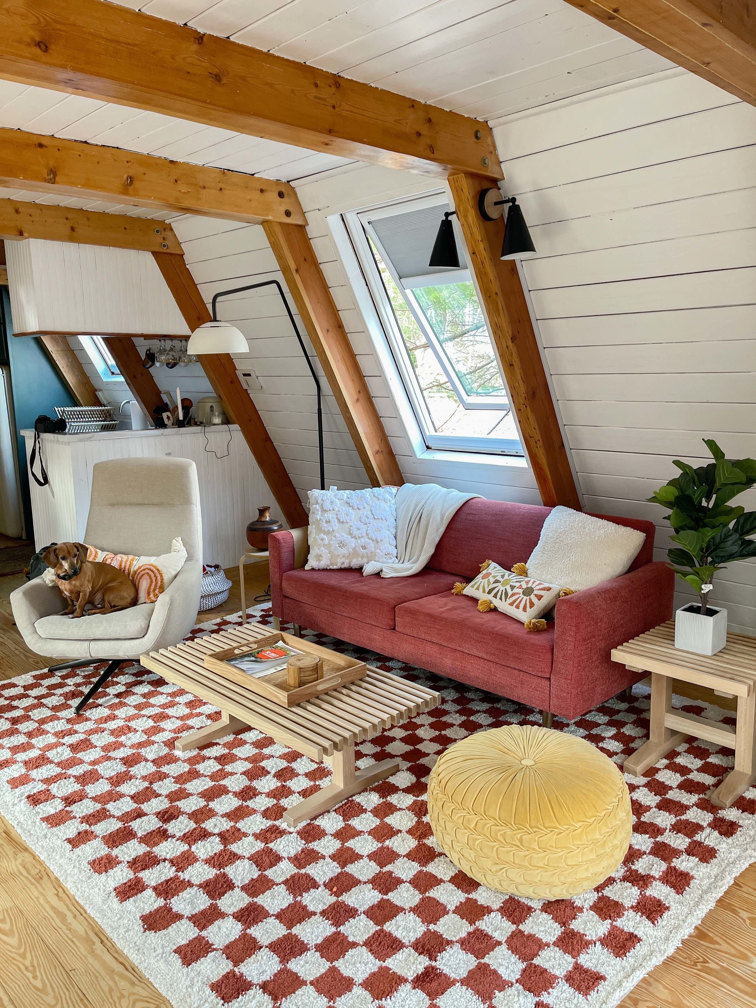 A frame house skylight living room red sofa