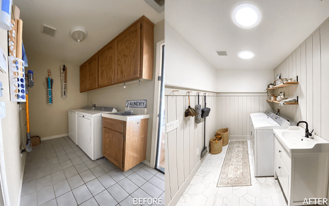 A laundry room showing before renovation on the left and after renovation with a Sun Tunnel skylight added on the right