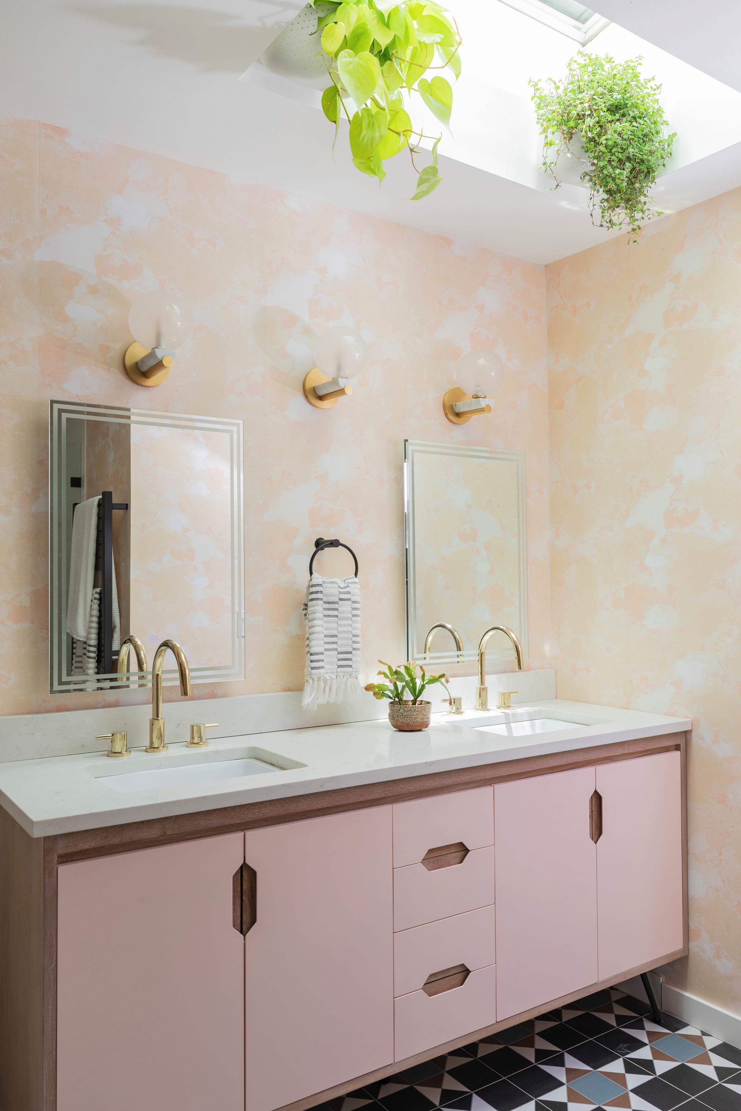 Bathroom skylight plants pink vanity feat