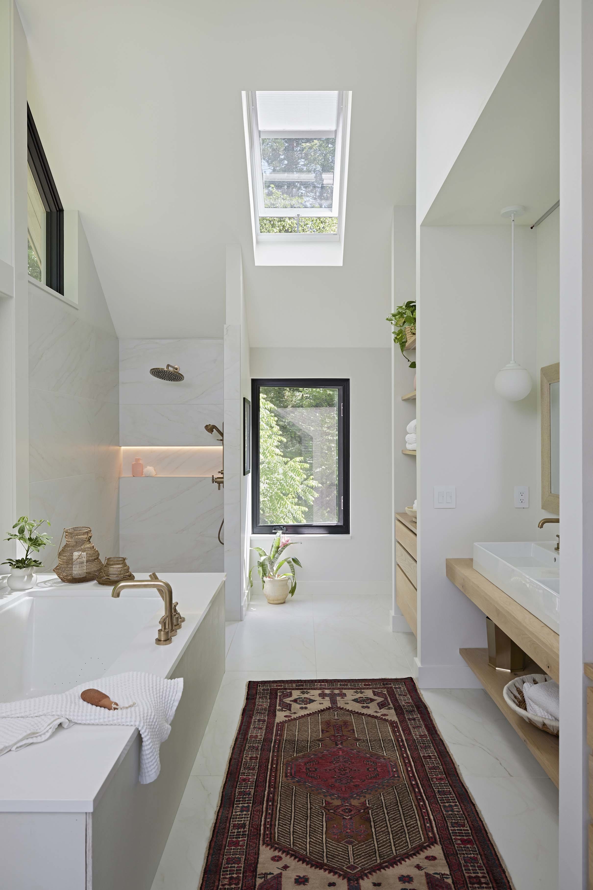 Bathroom skylight vintage rug bathtub shower