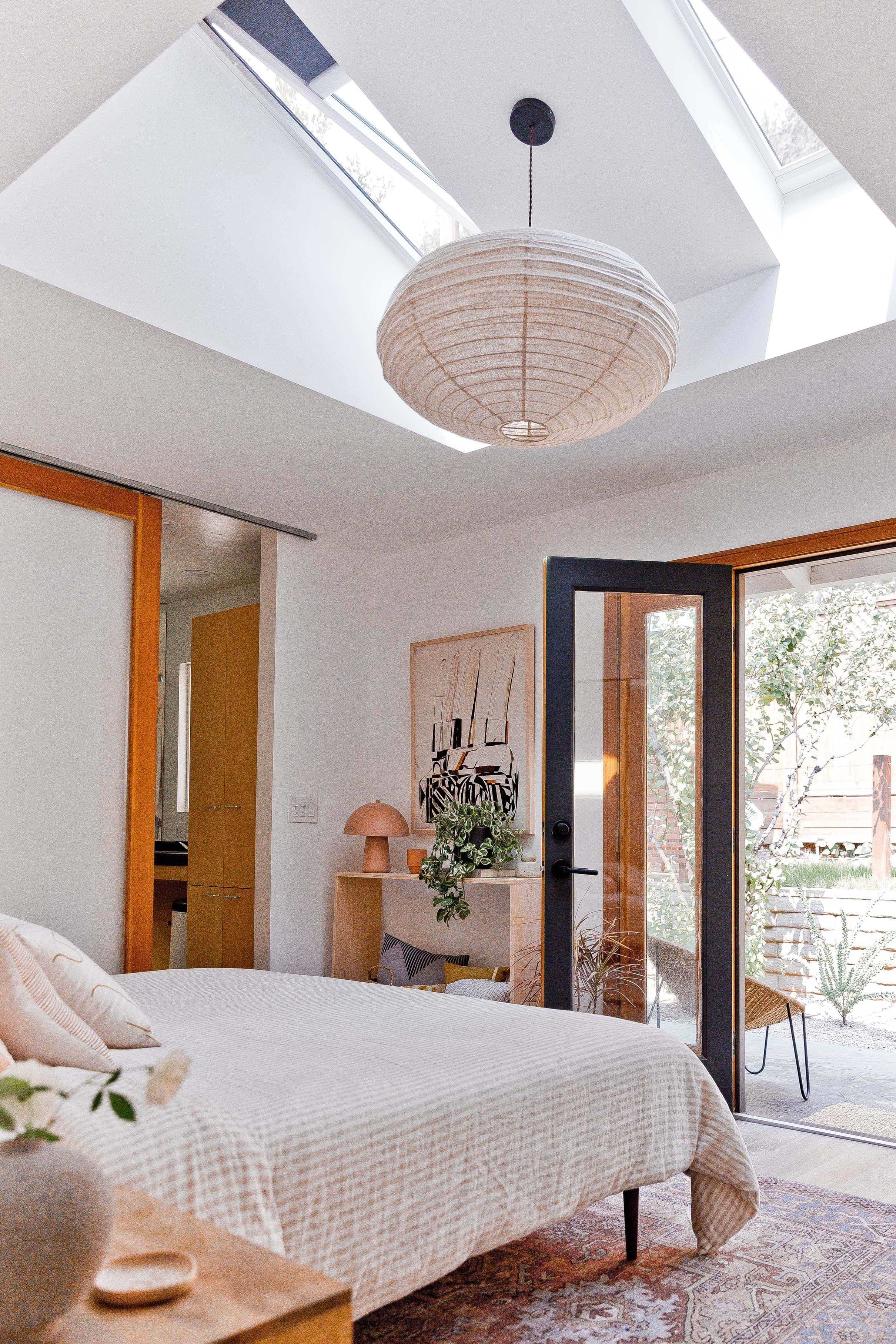 Bedroom white wood skylights lantern light fixture