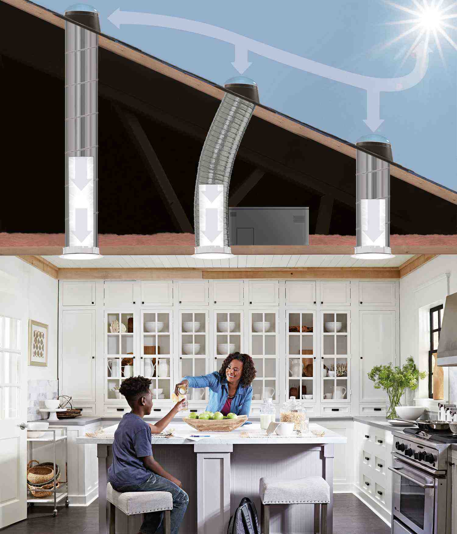 Installation photo showing three Sun Tunnel skylights in a cut-through of a roof leading into a kitchen with a mother and child present.
