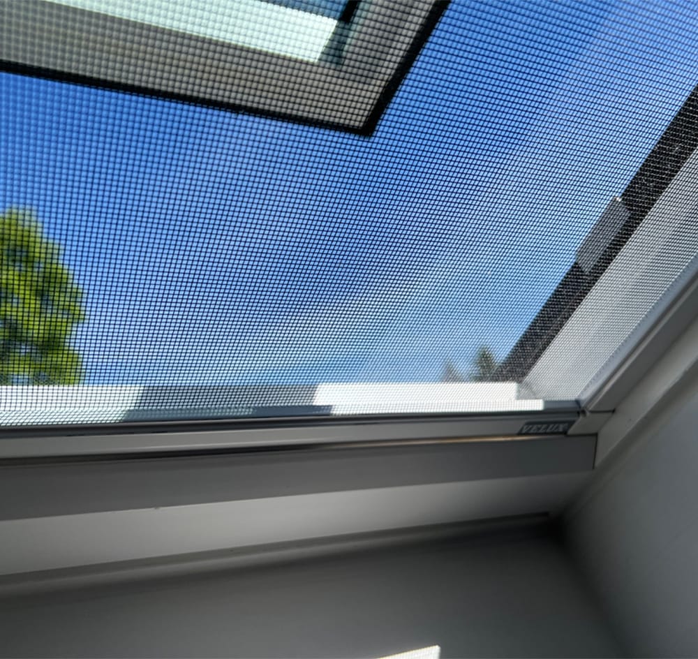 An open skylight showing a blue sky in the distance and the bug screen in the foreground.