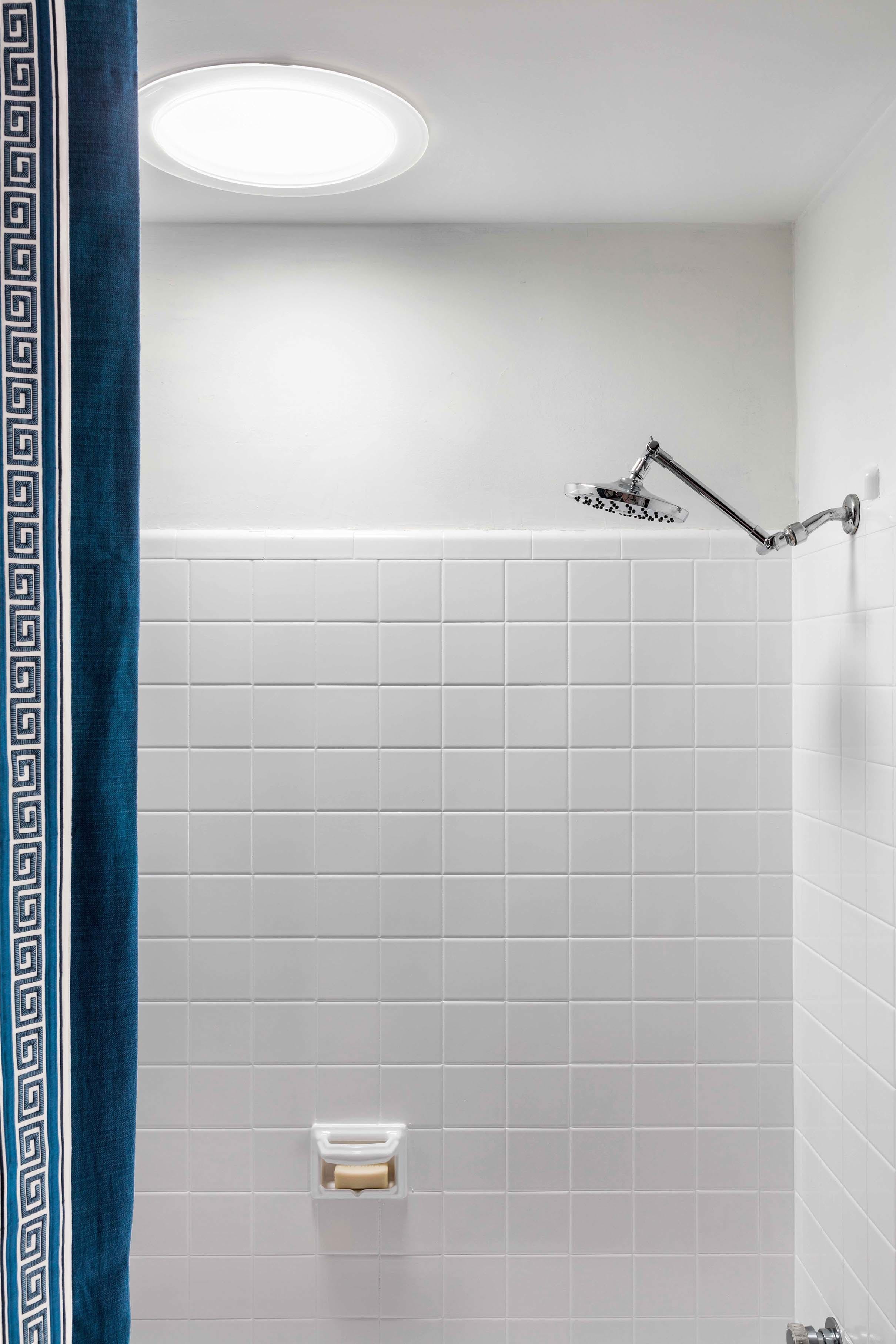 shower white tile sun tunnel skylight chrome fixture