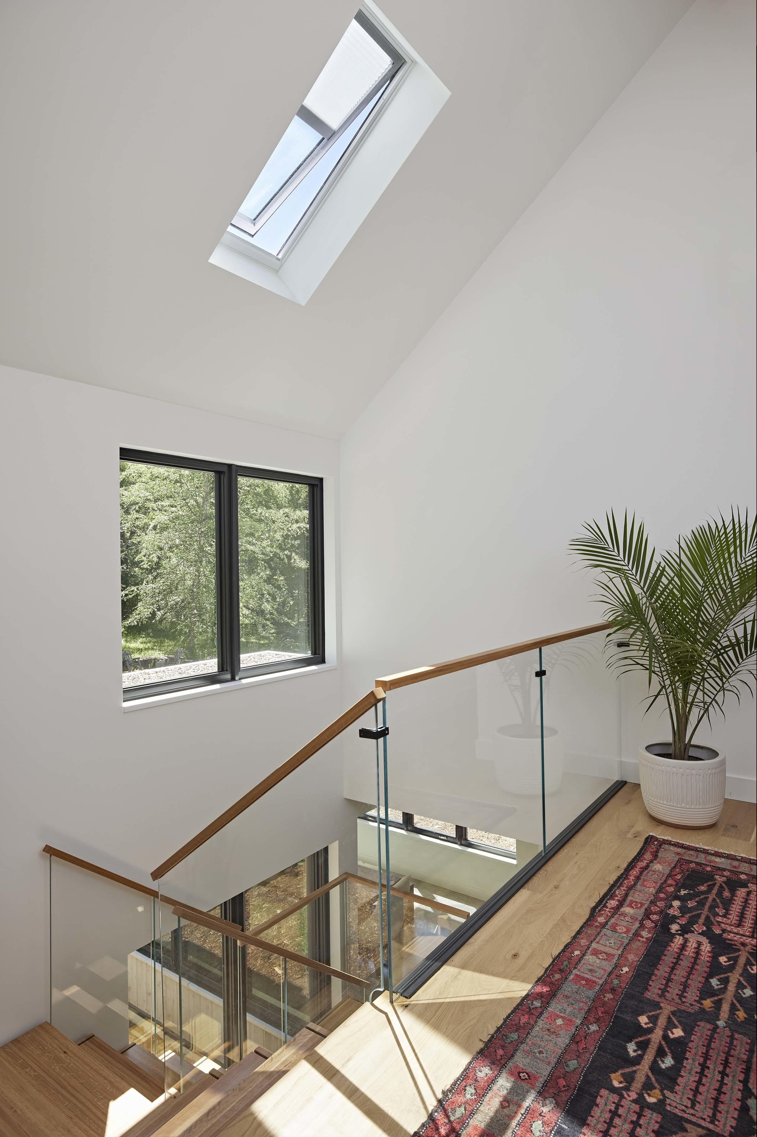 Stairwell open skylight shades rug plant