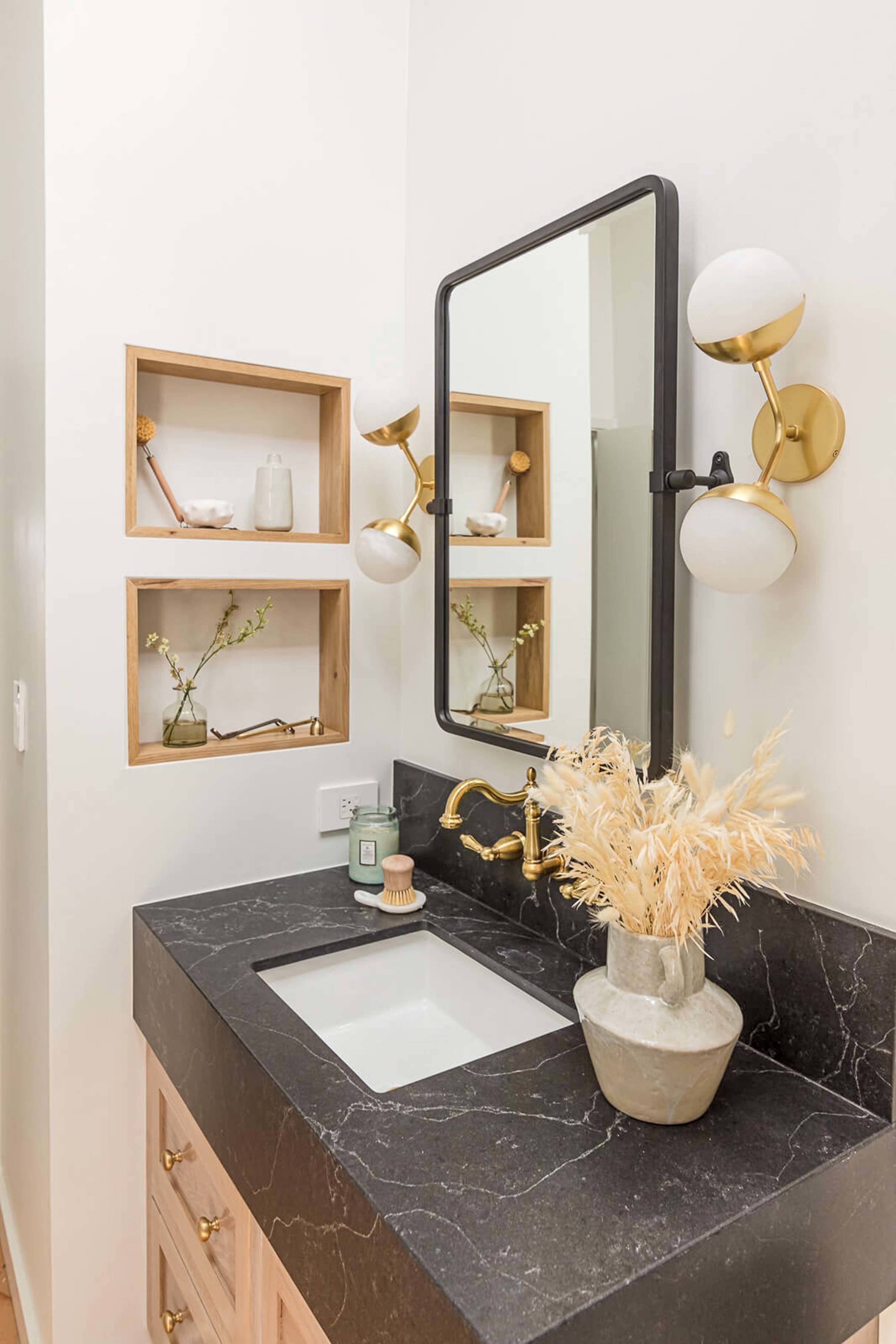 Bathroom black quartz wanity brass fixture