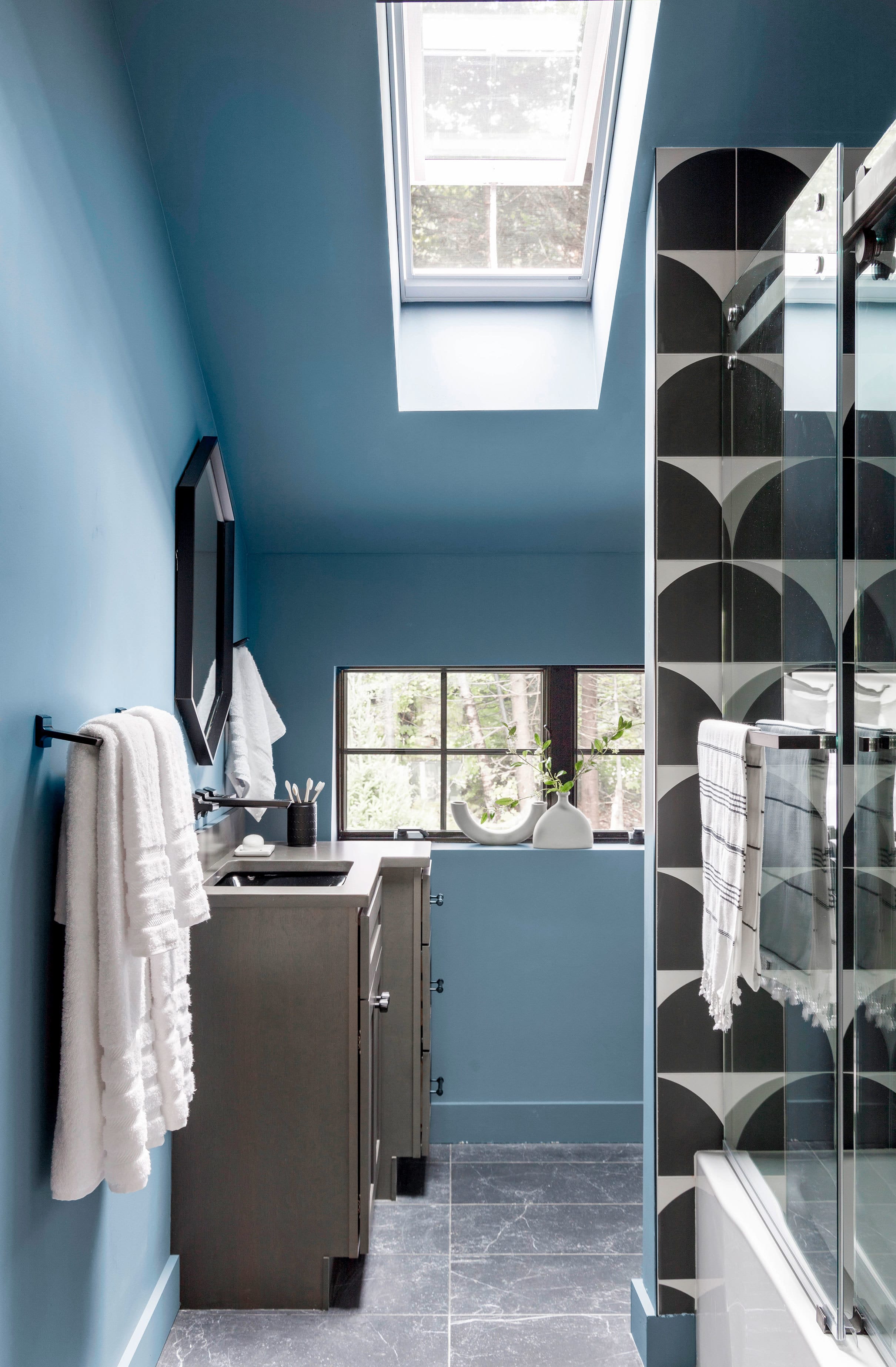 Bathroom blue skylight gray floor