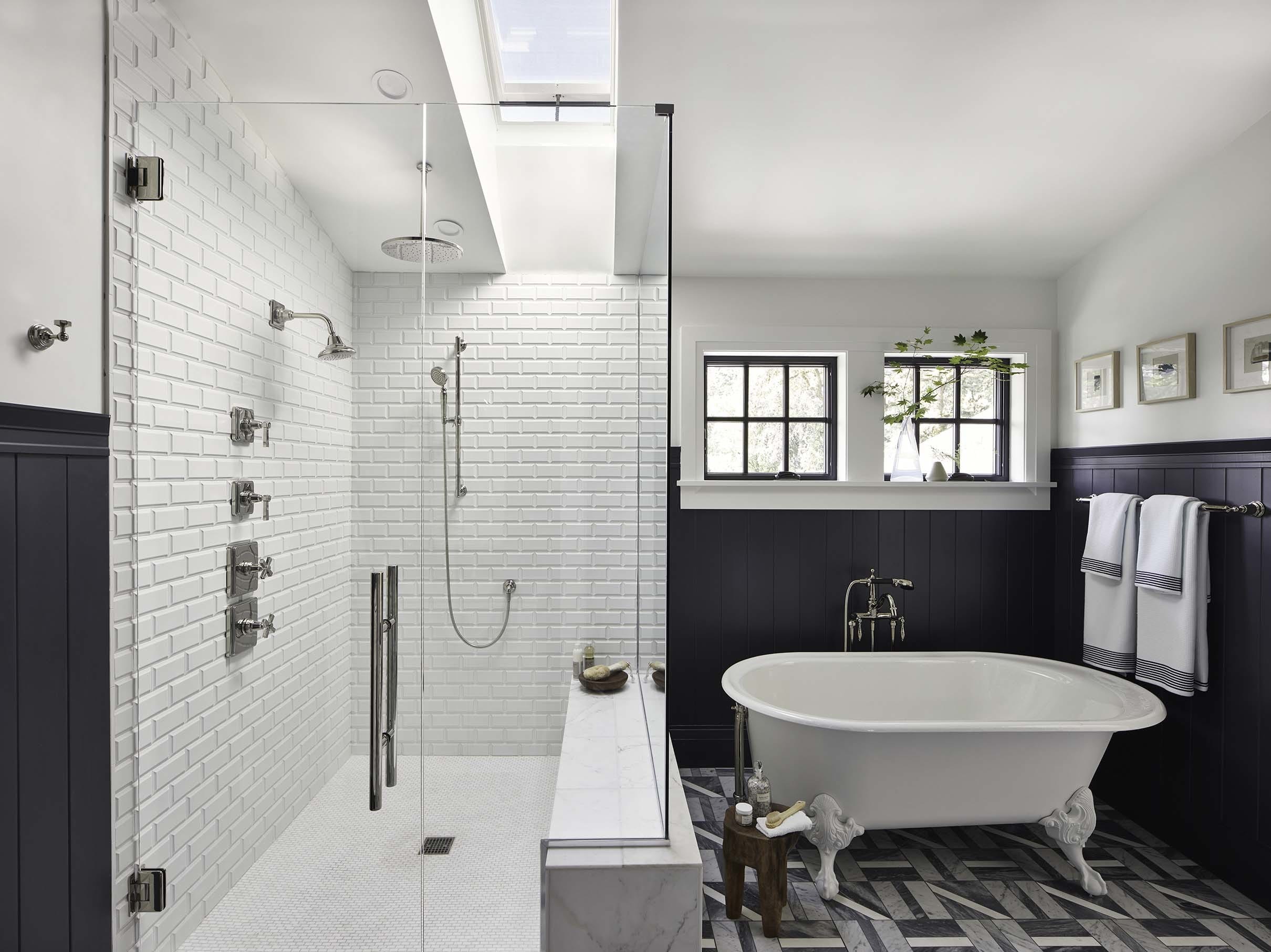 Bathroom shower skylight blue white tub