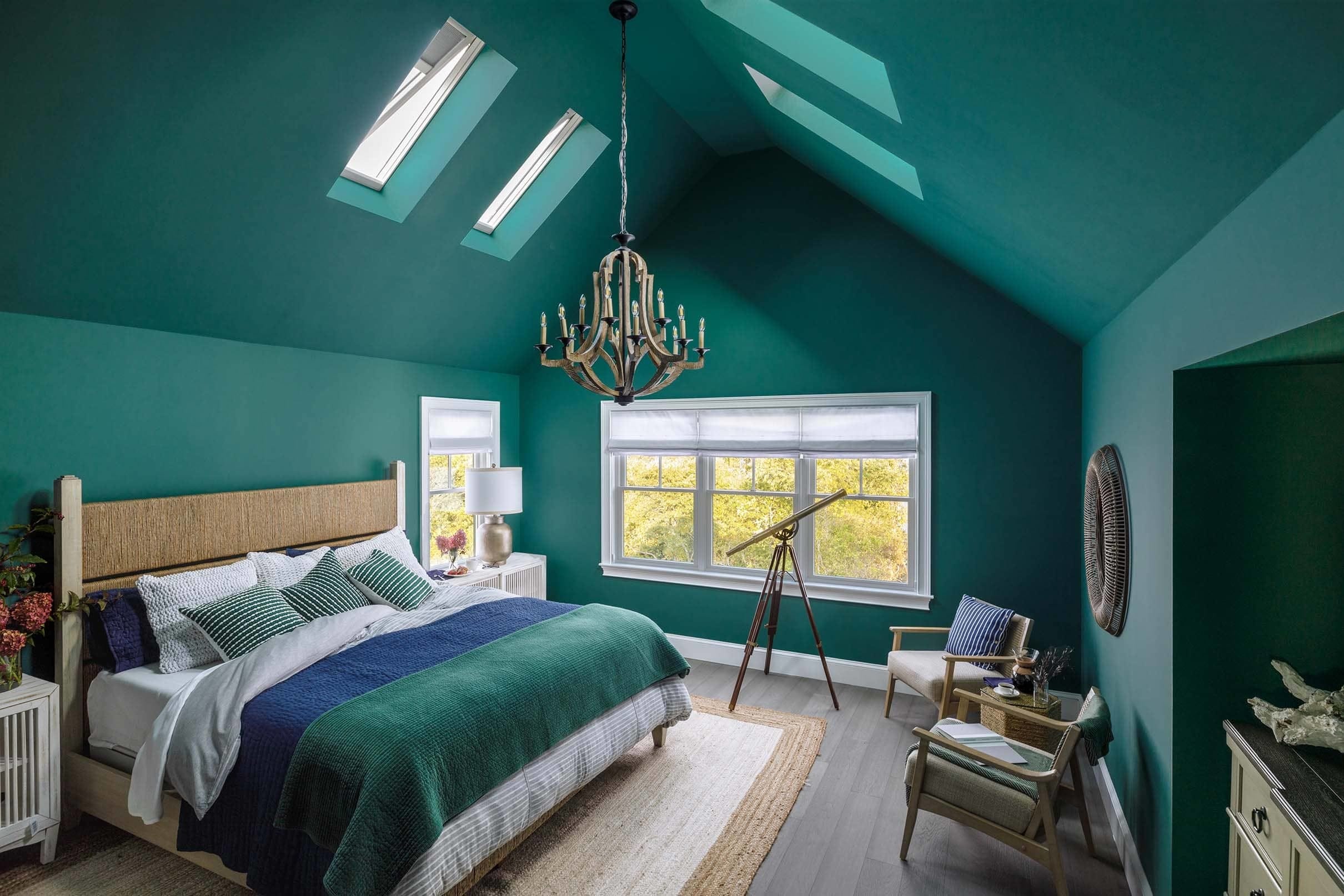 Bedroom green walls skylights