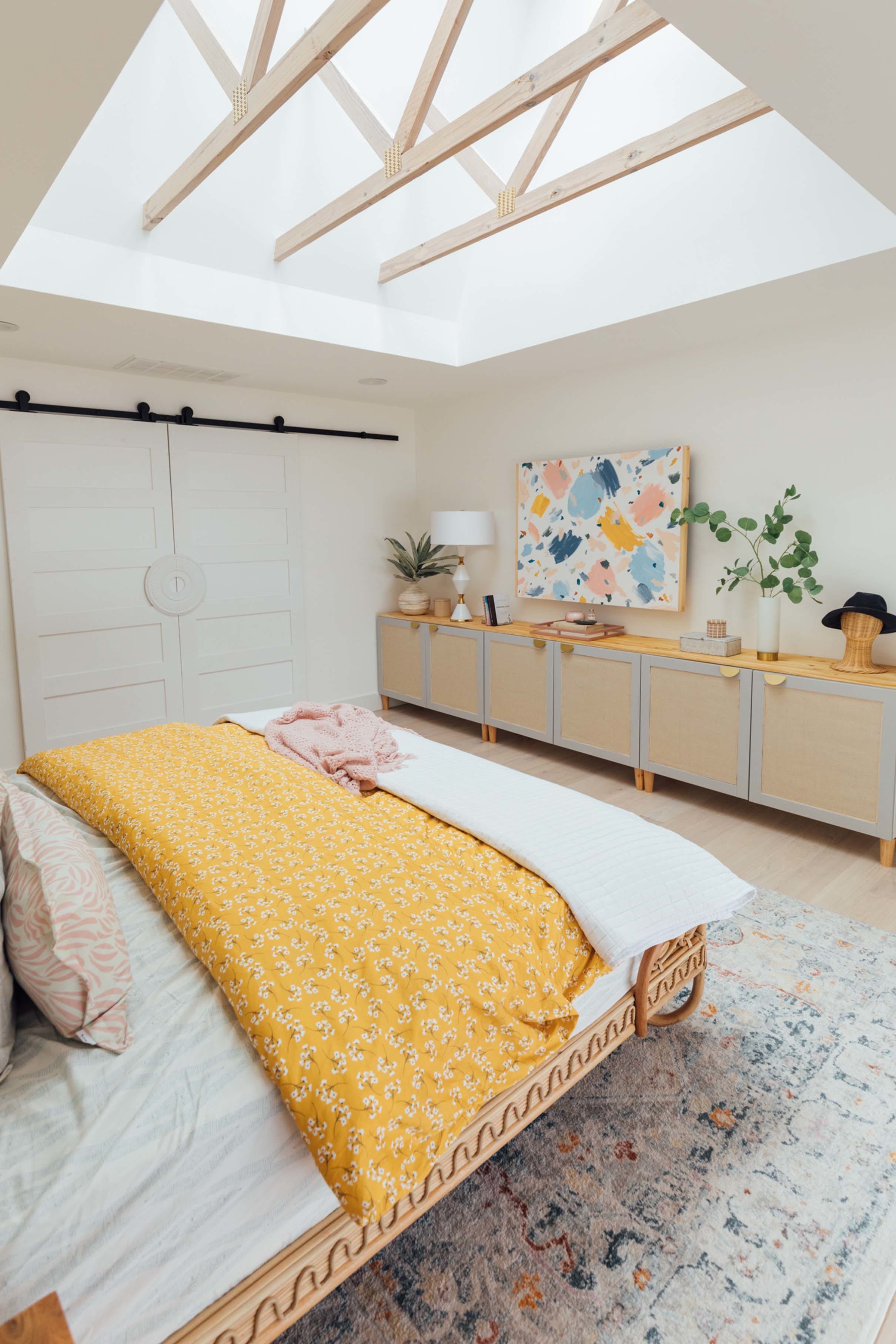 Bedroom skylights exposed trusses yellow