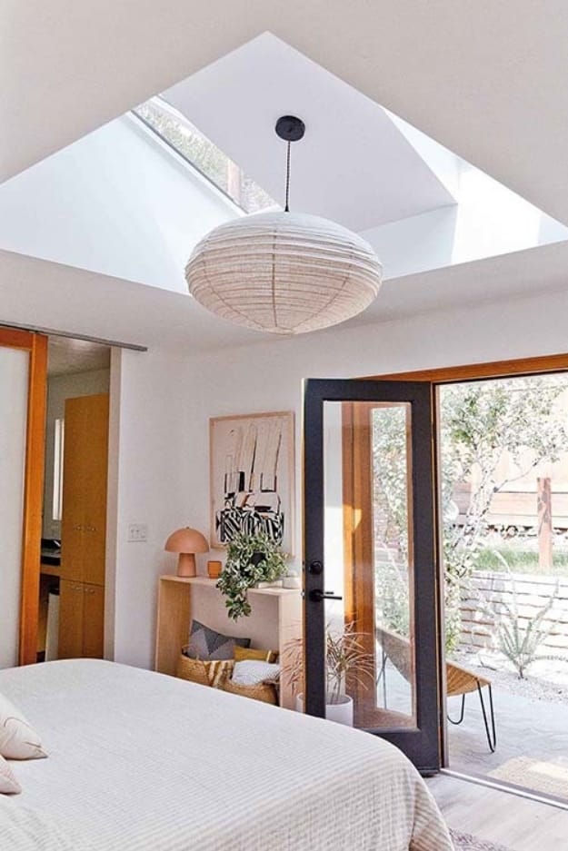Bedroom two skylights with shades japaneses lantern light fixture2