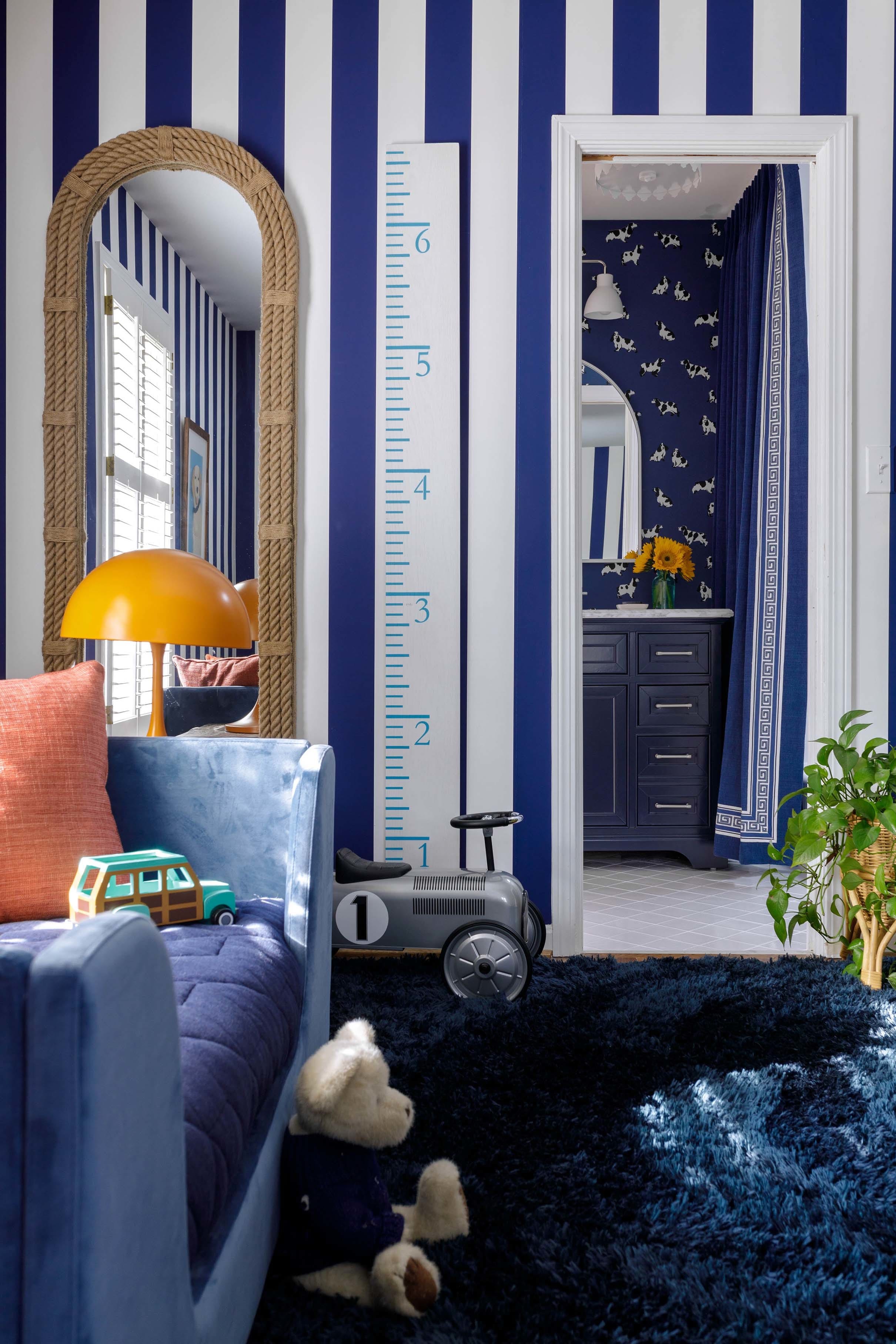 Blue striped wallpaper blue daybed