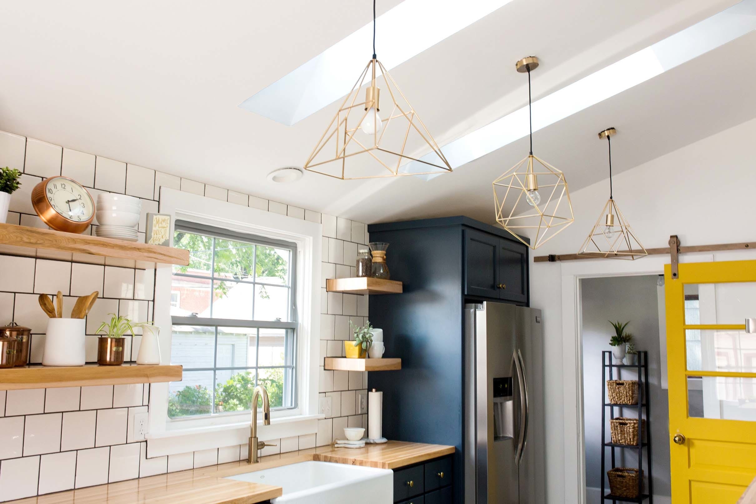 Kitchen blue cabinets yellow sliding door