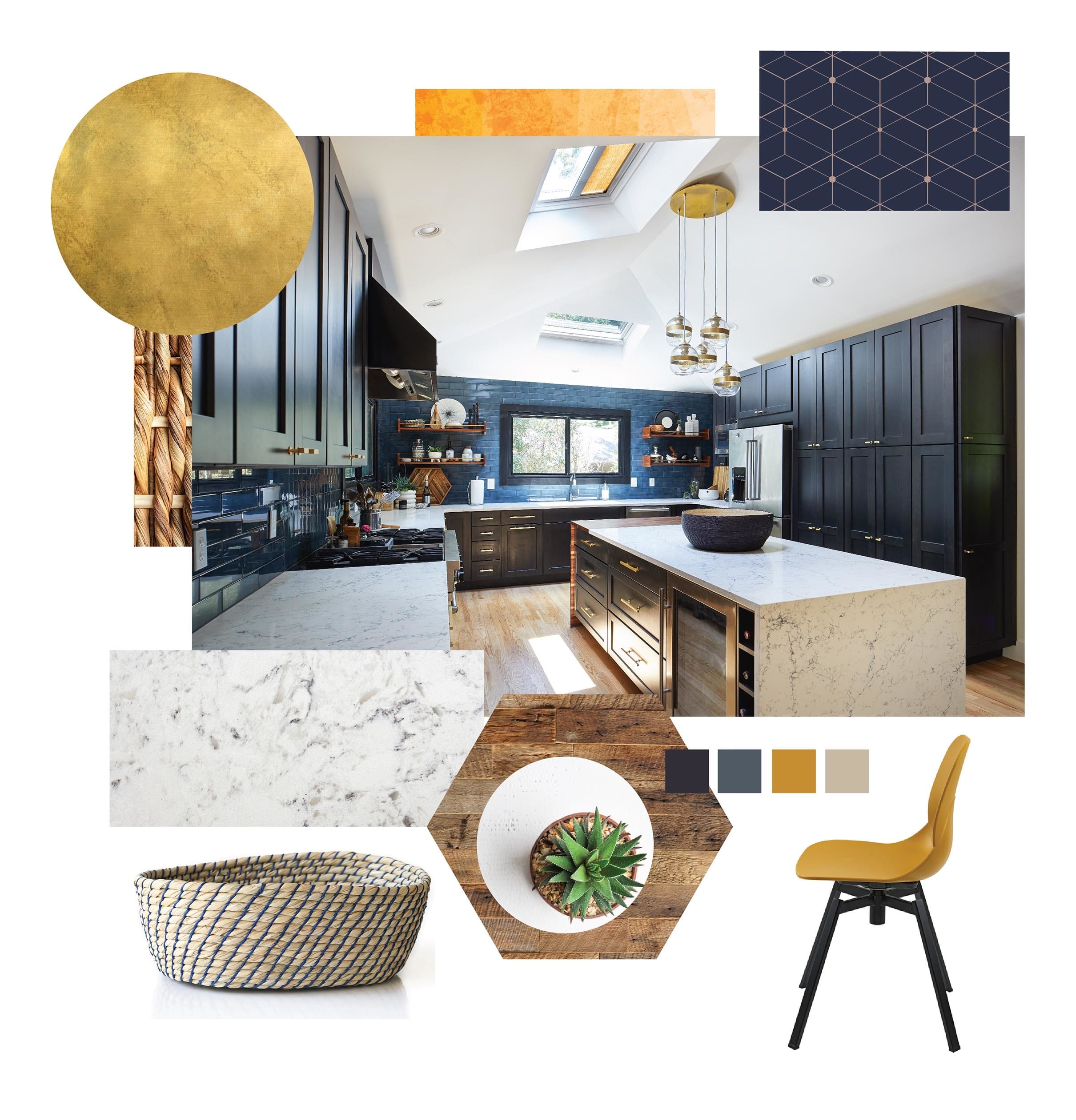 Kitchen mood board blue black skylights