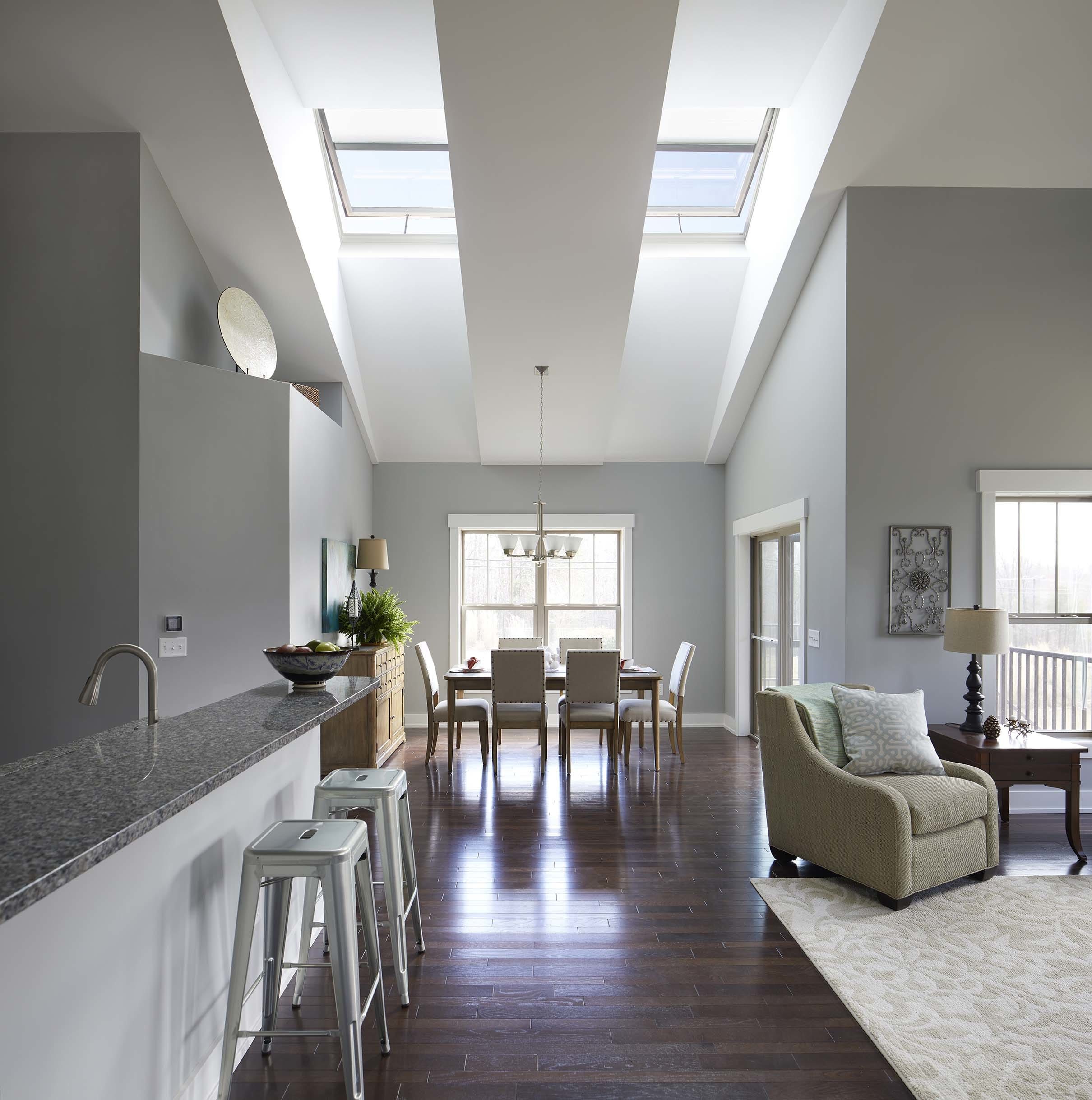 Living room skylights white grey