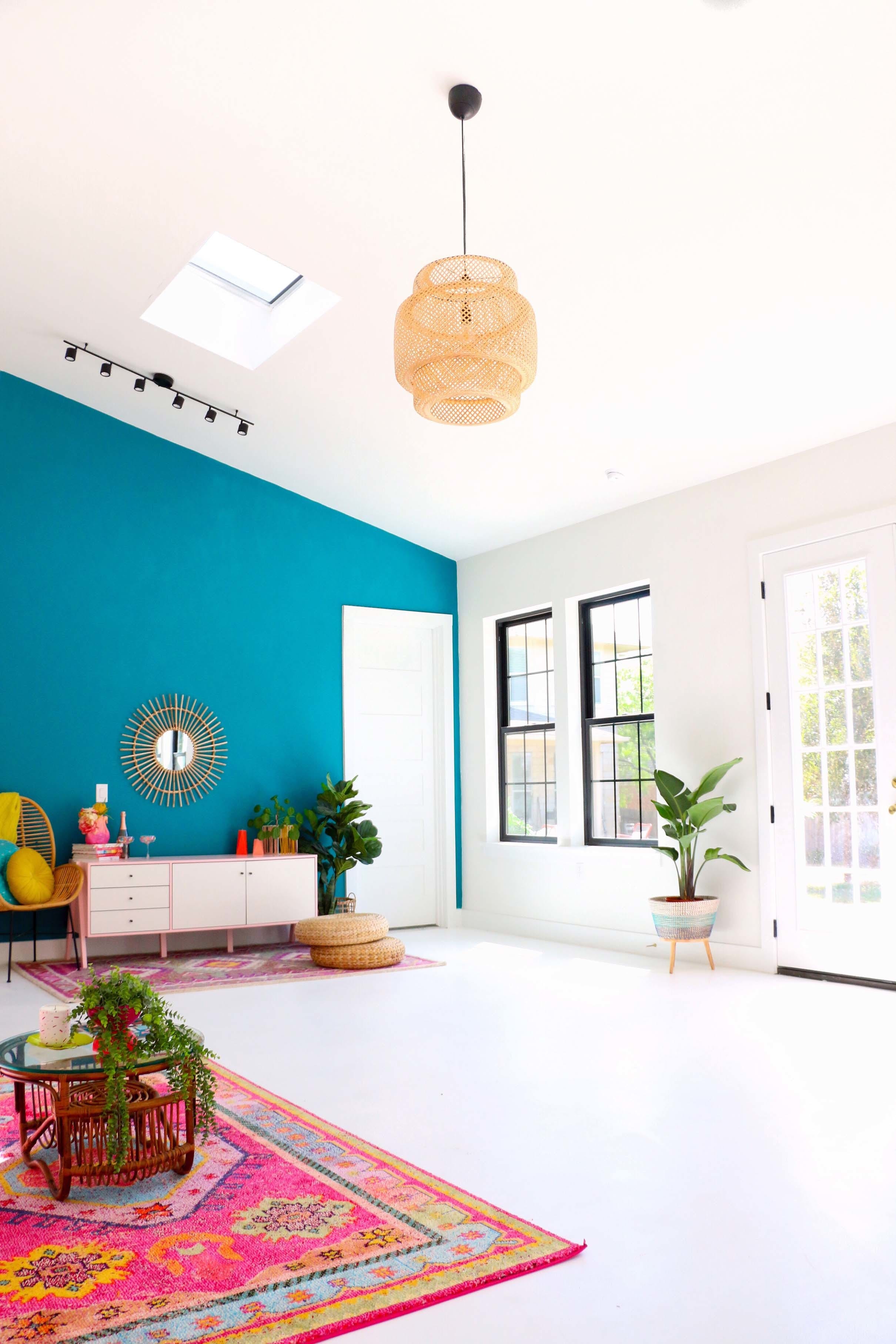 Living room white pink aqua skylight