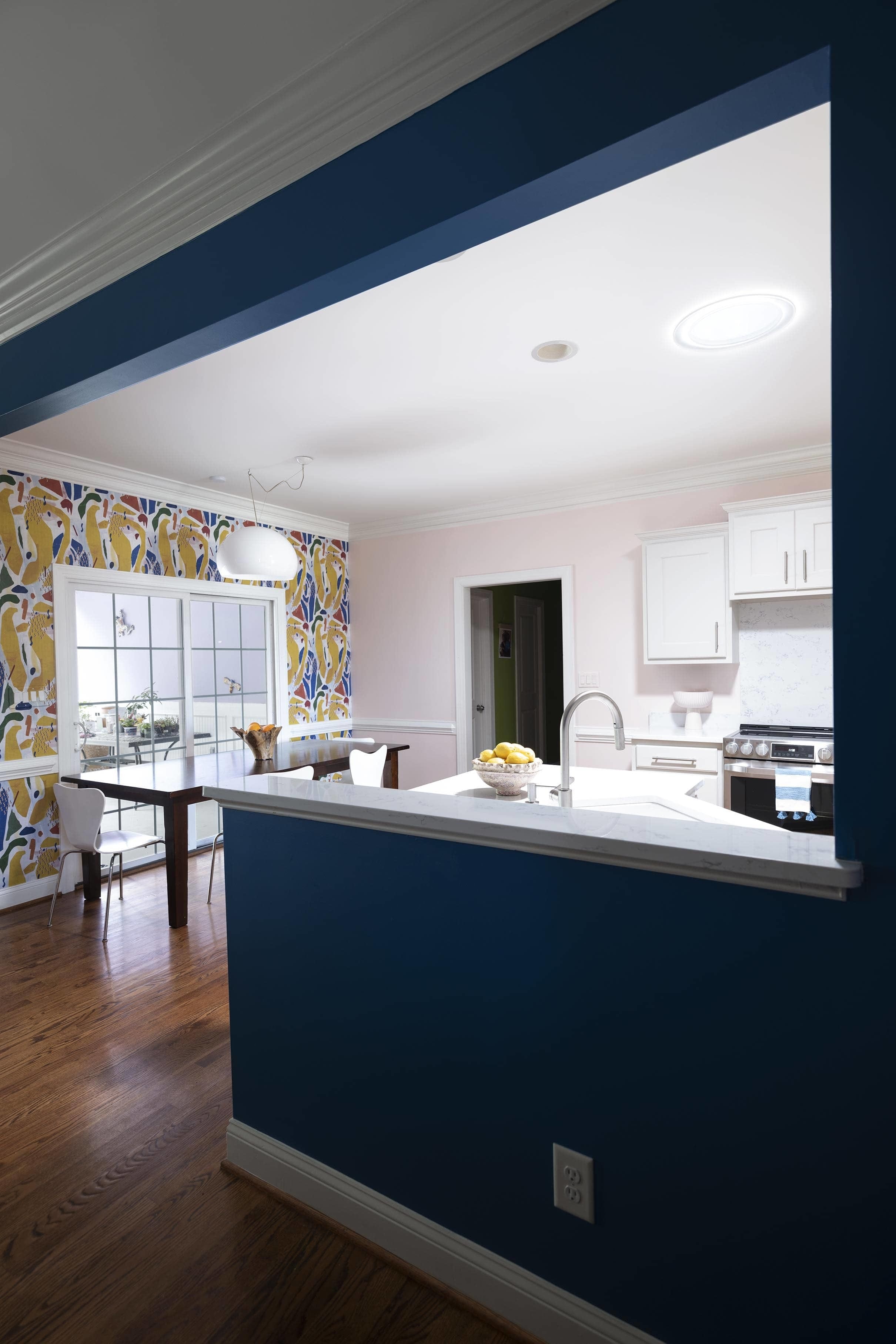 Pink kitchen yellow blue wallpaper