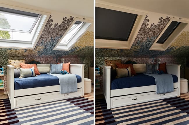Side by comparison of a bedroom with skylights the left side shows shades up the right side shows room darkenig shades down