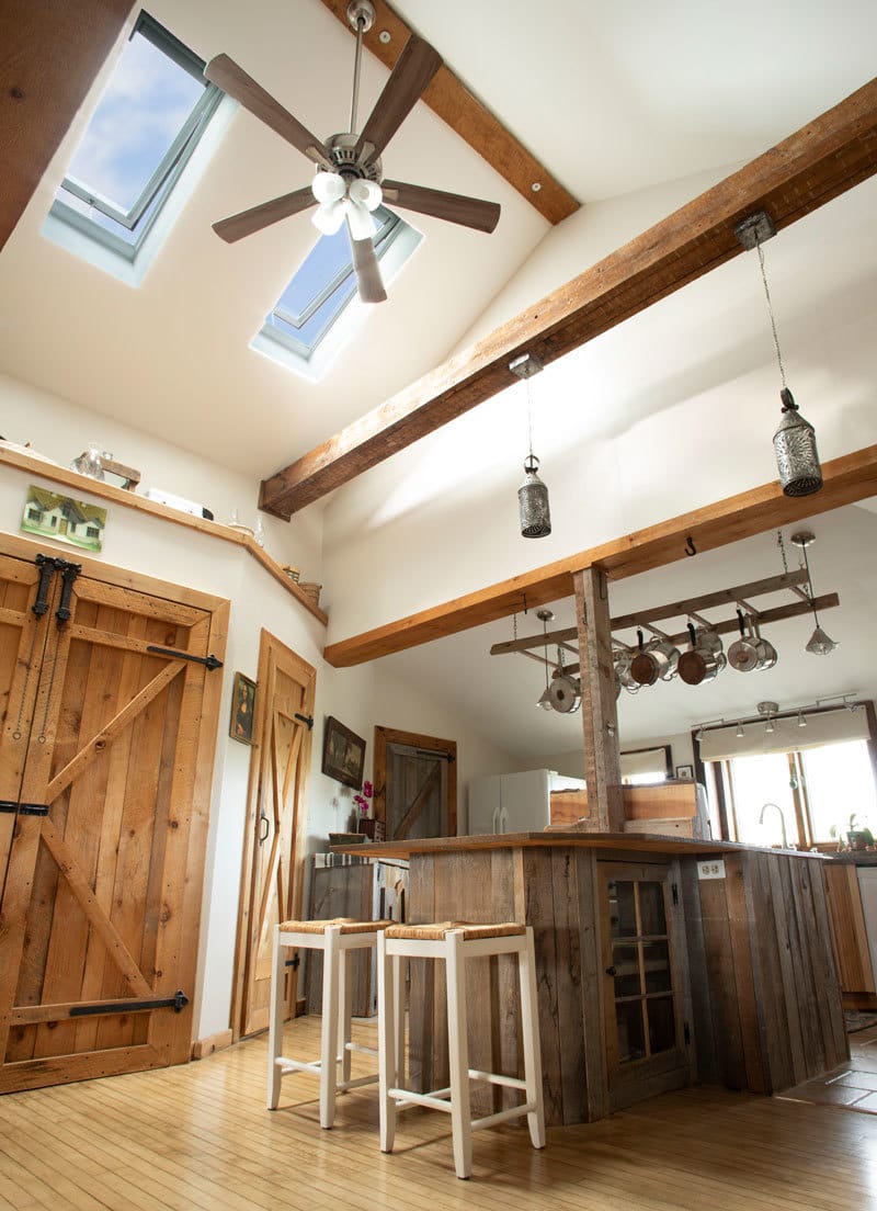 Skylights brighten kitchen wood floor