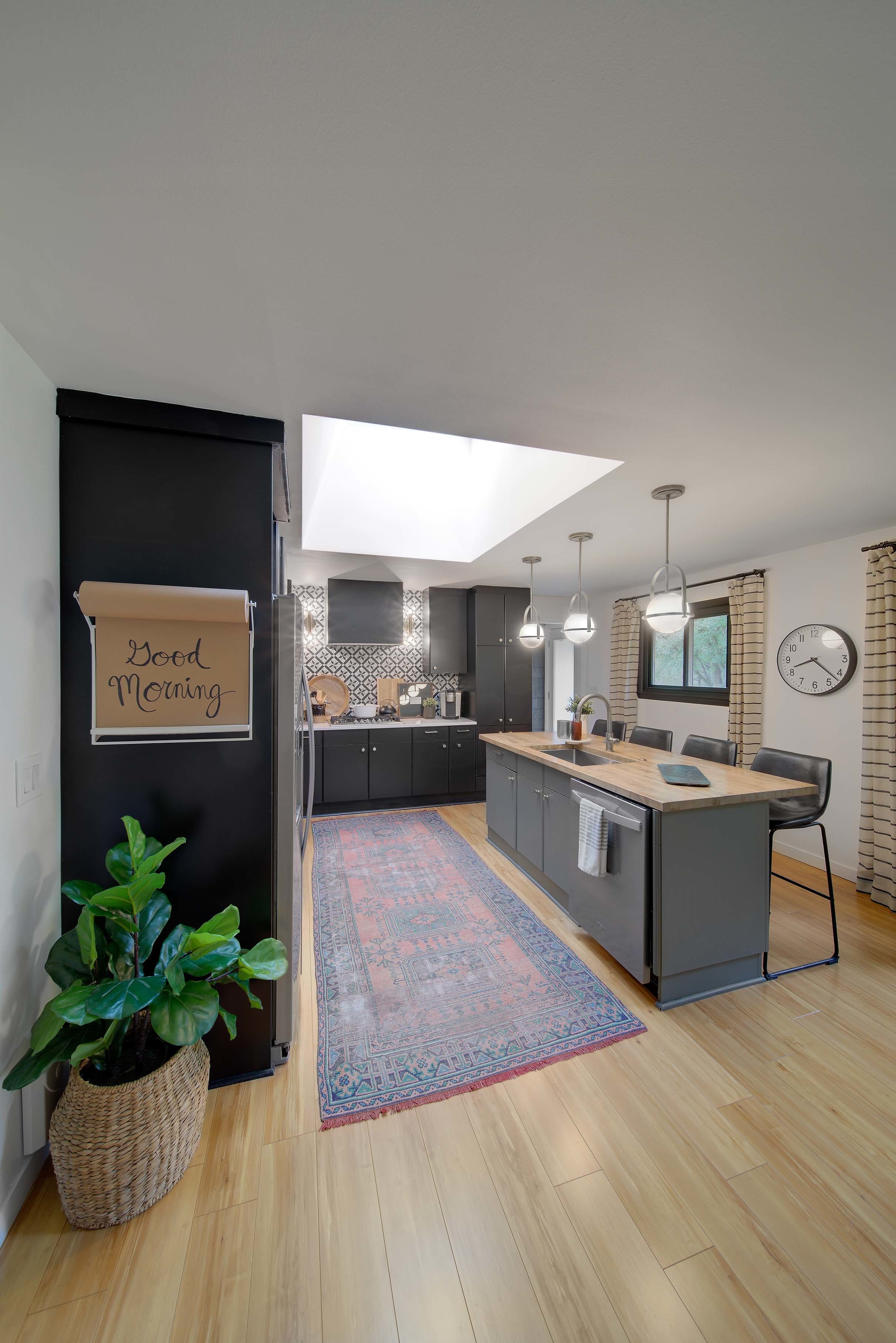 Skylights flat ceiling kitchen two tone cabinets island